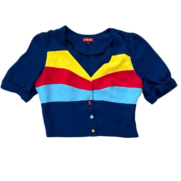 Staud Women’s Nautical Striped Navy Yellow Red Boxy Collared Button Blouse Top L - Picture 1 of 9